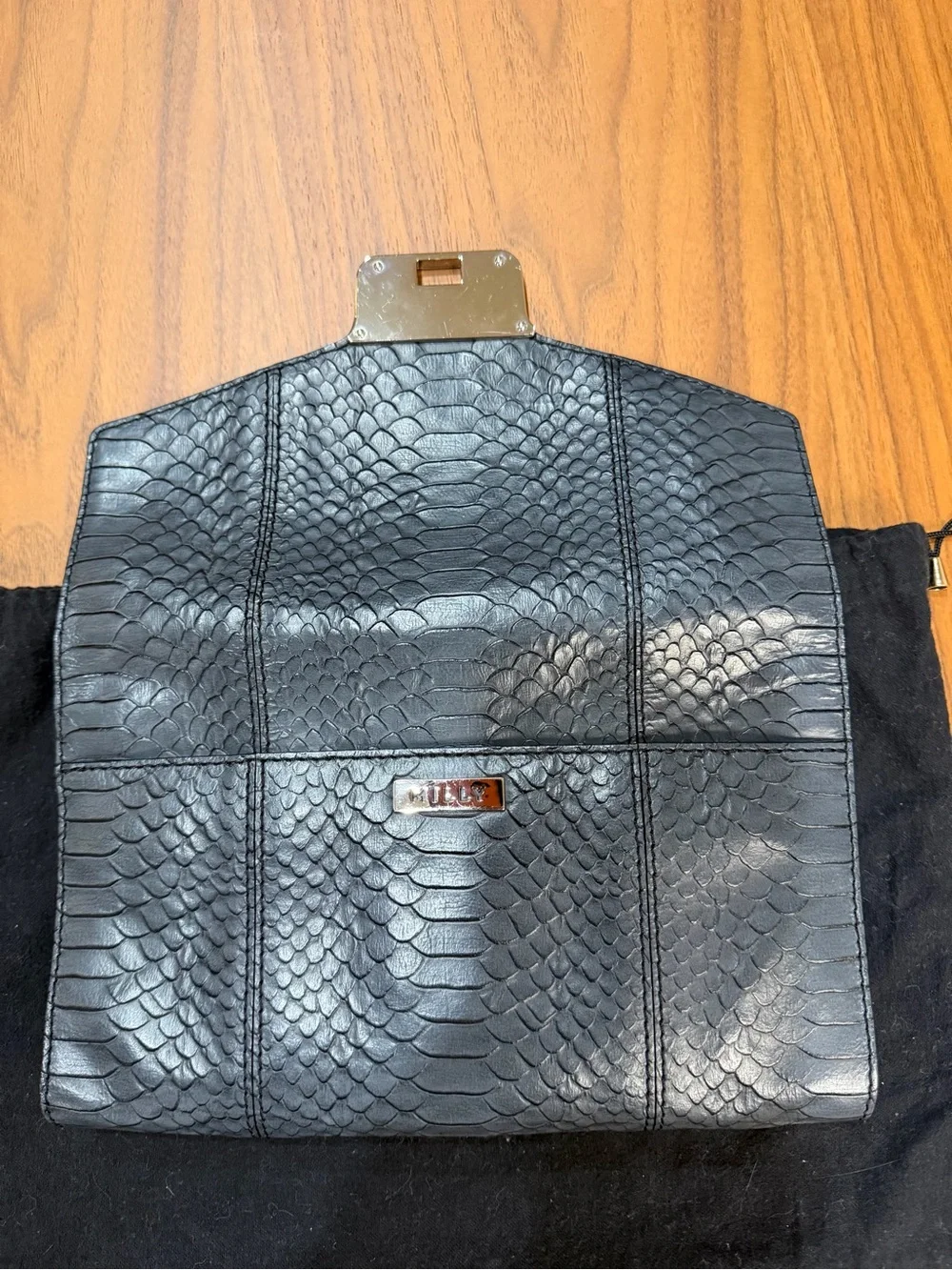 MILLY Charcoal Gray Snake-Embossed Leather Envelope Clutch with Silver *NWOT